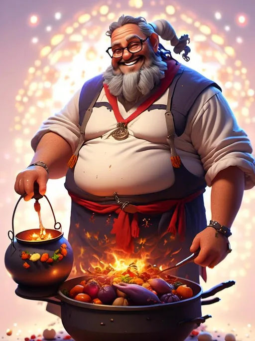 Prompt: <mymodel>heavy set man middle aged man with pot belly cooking greek food , wearing glasses, jolly smile. in chef's clothing  (medieval) (dungeons and dragons style) , UHD, 4k,intricately detailed, deep colors, high contrast (UHD, 4k,intricately detailed, deep colors, high contrast)