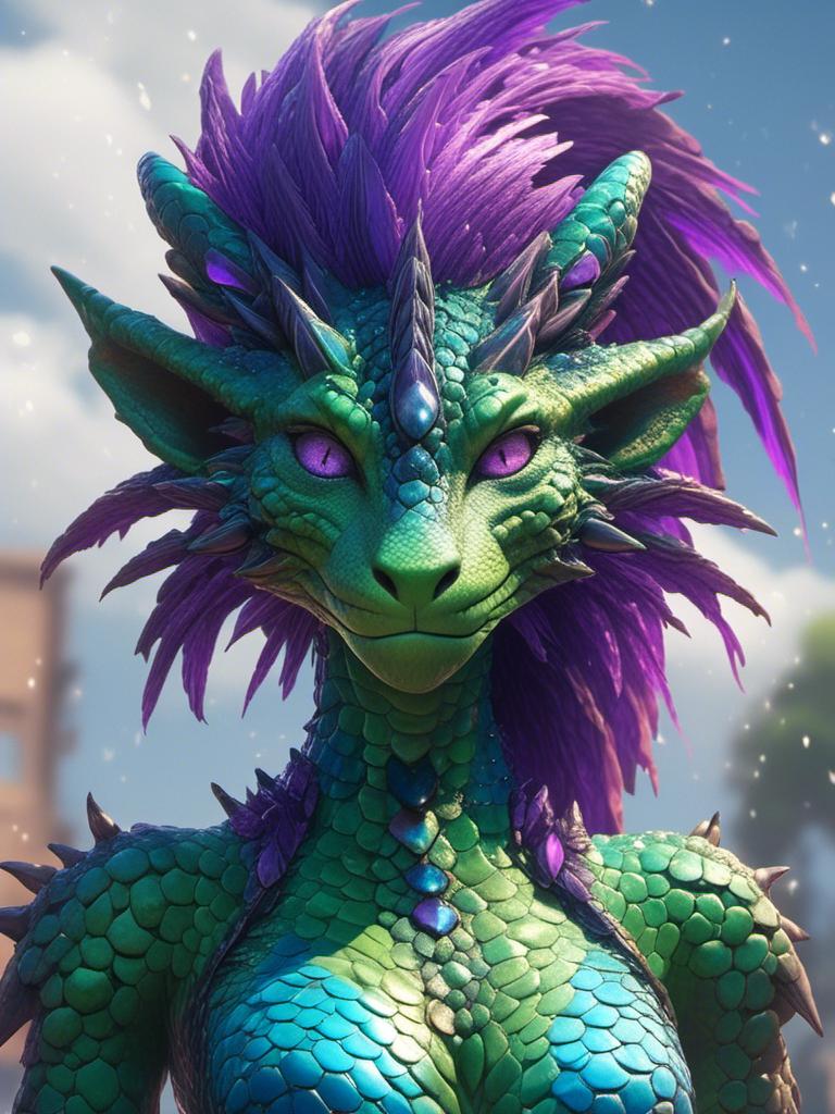 Prompt: <mymodel> anthro dragon lizard female (green and purple) (scales) (blue eyes) (humaniod) majestic being , UHD, 4k,intricately detailed, deep colors, high contrast (UHD, 4k,intricately detailed, deep colors, high contrast)