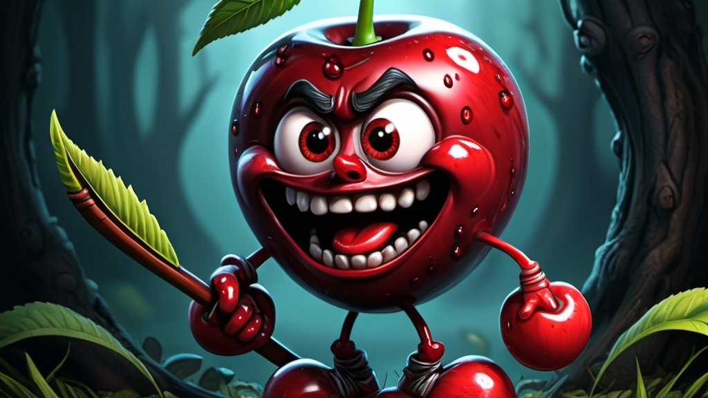 Prompt: scared cherry warrior cartoon, illustration (UHD, 4k,intricately detailed, deep colors, high contrast)