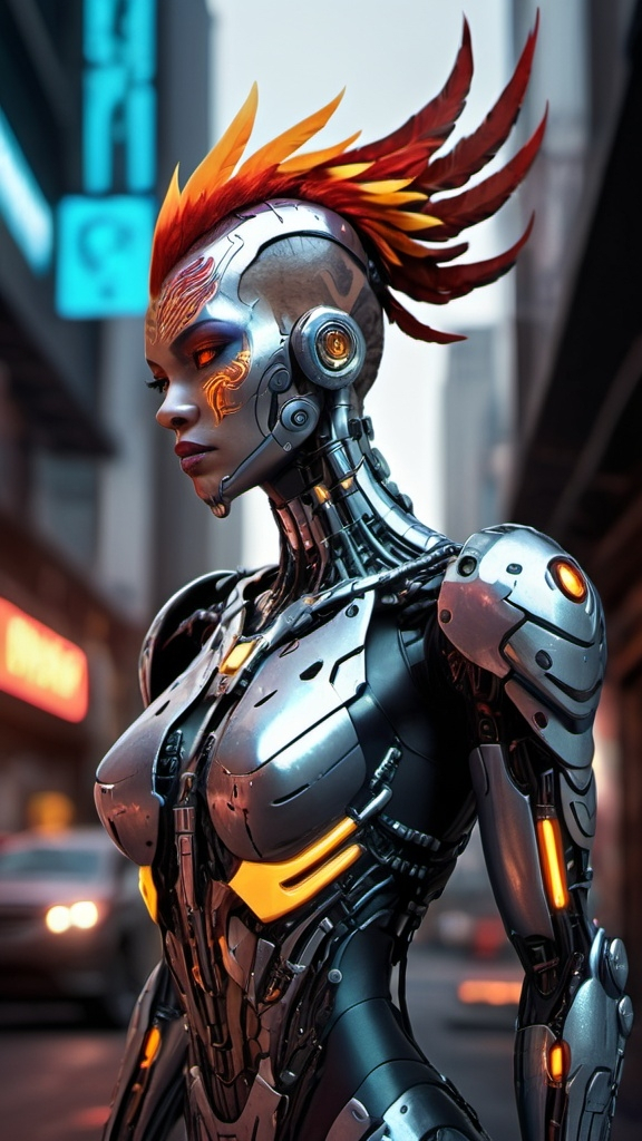 Prompt: Cyborg, phoenix, anthro, metalic, in cyberpunk city .UHD, 4k,intricately detailed, deep colors, high contrast (UHD, 4k,intricately detailed, deep colors, high contrast)