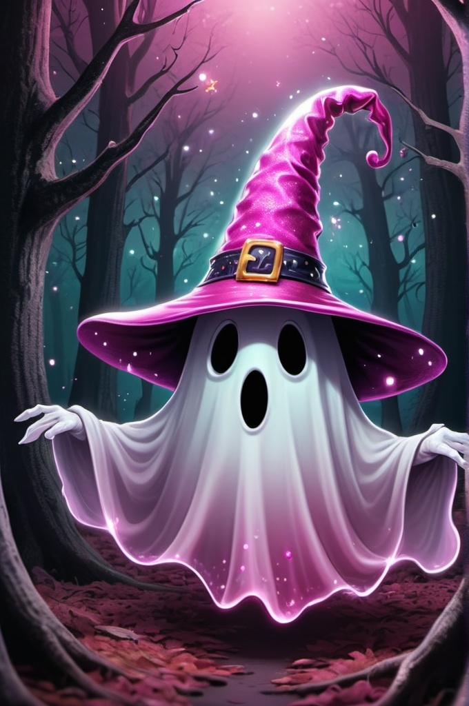 Prompt: cartoon, illustration, ghost with pink sparkling witch hat happy, floating, sparkly, spooky forest fantasy, whimsical, gothic.mythical  UHD, 4k,intricately detailed, deep colors, high contrast (UHD, 4k,intricately detailed, deep colors, high contrast)