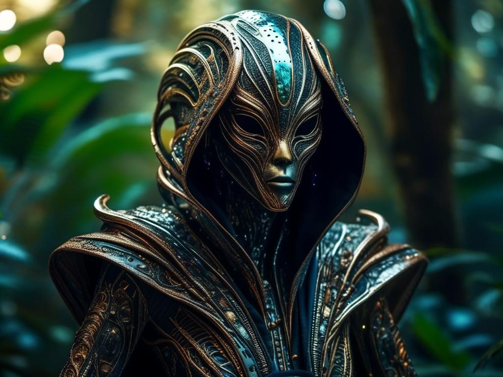 Prompt: <mymodel> robotic Humaniod alien, masked, elegant, irridecent metallic, in hooded cloak, in jungle palace  (UHD, 4k,intricately detailed, deep color, high contrast)