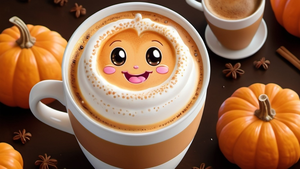 Prompt: Kawaii pumpkin spice latte  cartoon, illustration (UHD, 4k,intricately detailed, deep colors, high contrast)