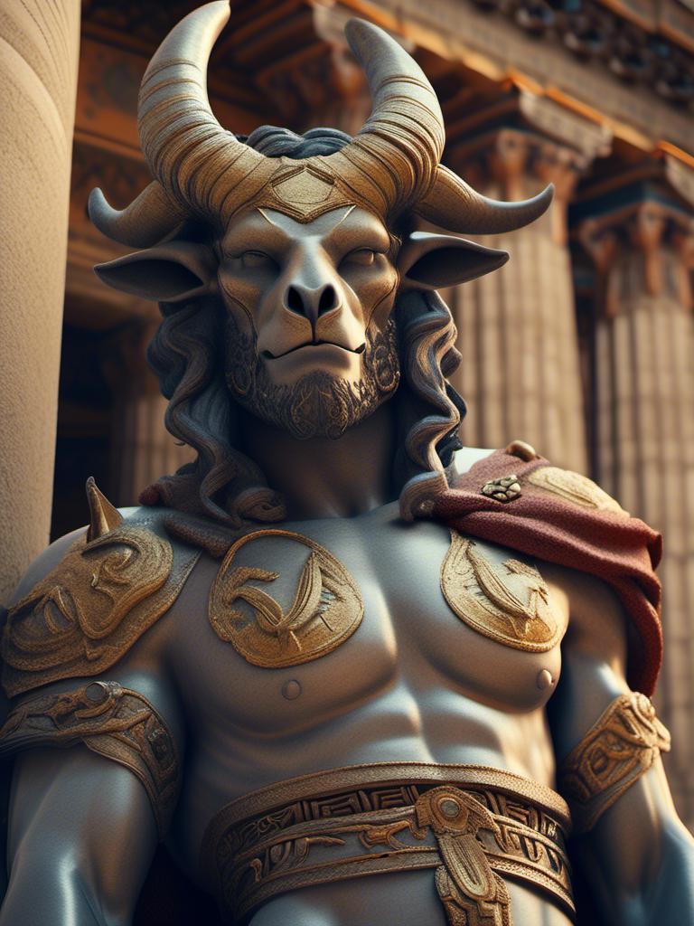 Prompt: <mymodel>Greek man with bull head (strong) (minotaur)  in ancient Greek clothing, in temple. guarding tomb . detailed, realistic, 4k, high saturation of color,  high contrast