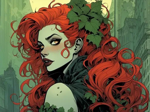 Prompt: <mymodel> poison ivy, in Gotham city, detailed, dark colors, dramatic, graphic novel illustration,  2d shaded retro comic book