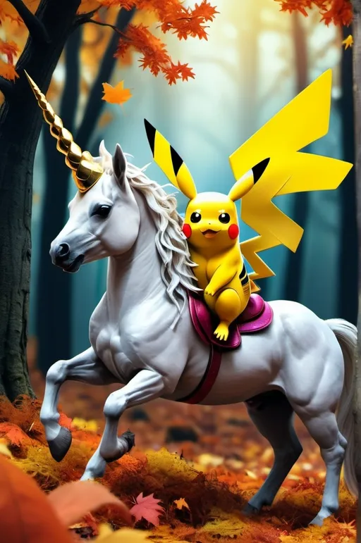 Prompt: Pikachu riding a unicorn in autumn forest fantasy, whimsical, gothic.mythical  UHD, 4k,intricately detailed, deep colors, high contrast (UHD, 4k,intricately detailed, deep colors, high contrast)