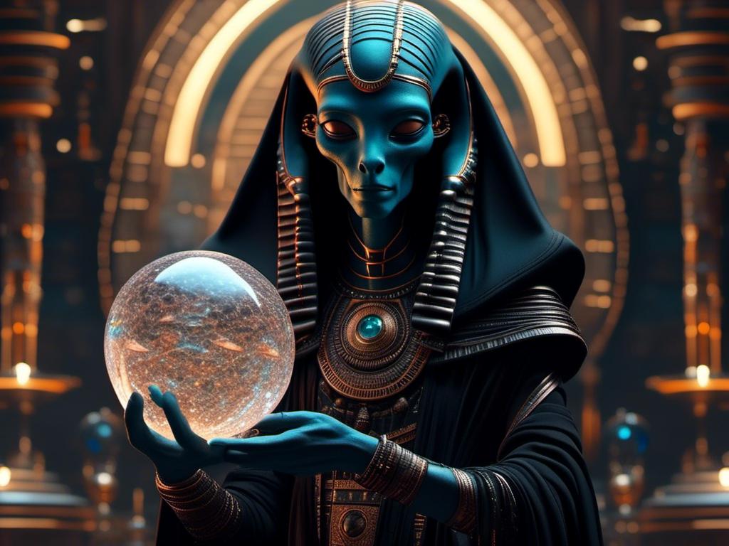 Prompt: <mymodel> Egyptian alien in black robes holding crystal sphere (UHD, 4k,intricately detailed, deep color, high contrast)