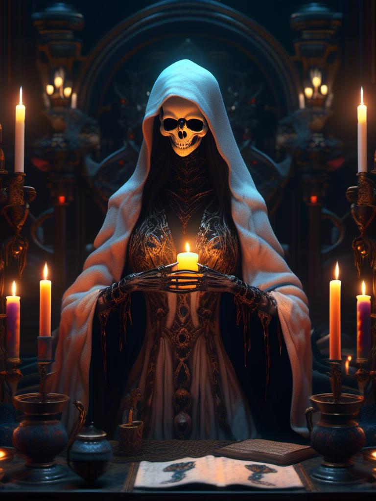 Prompt: <mymodel>grim reaper, skeletal woman, in robes, in candle lit study haunting .UHD, 4k,intricately detailed, deep colors, high contrast (UHD, 4k,intricately detailed, deep colors, high contrast)