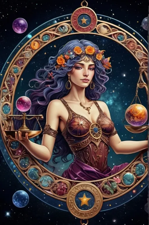 Prompt: Libra ,Zodiac art mystical and whimsical (UHD, 4k,intricately detailed, deep colors, high contrast)