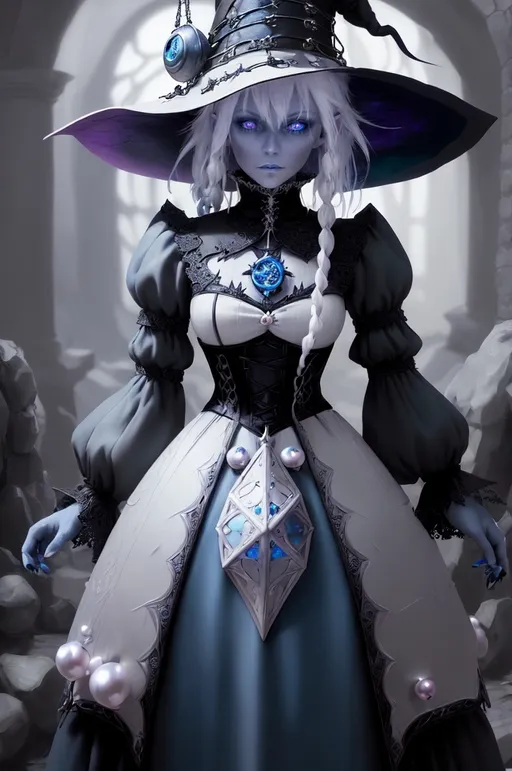 Prompt: <mymodel>whimsical, witch with white colored hair, pearl eyes, and blue skin (dungeons and dragons style) , UHD, 4k,intricately detailed, deep colors, high contrast (UHD, 4k,intricately detailed, deep colors, high contrast)