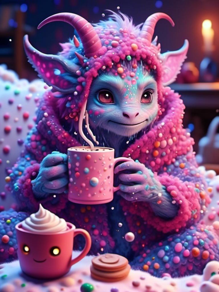 Prompt: <mymodel> cute, fuzzy, monster, drinking hot chocolate wearing pajamas .UHD, 4k,intricately detailed, deep colors, high contrast (UHD, 4k,intricately detailed, deep colors, high contrast)