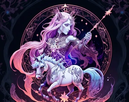 Prompt: Sagittarius ,(ghost art style) (zodiac) (star signs), whimsical, gothic.mythical UHD, 4k,intricately detailed, deep colors, high contrast (UHD, 4k,intricately detailed, deep colors, high contrast)