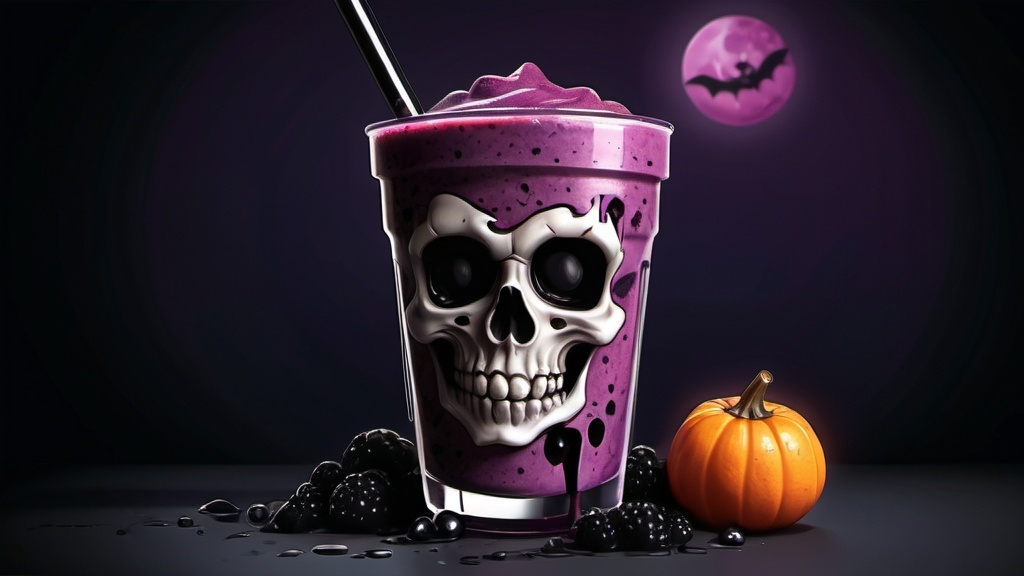 Prompt: spooky goth smoothie  cartoon, illustration (UHD, 4k,intricately detailed, deep colors, high contrast)