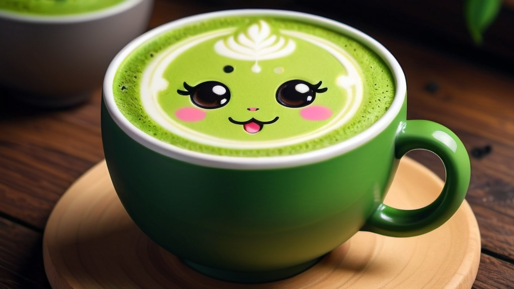 Prompt: Kawaii matcha latte  cartoon, illustration (UHD, 4k,intricately detailed, deep colors, high contrast)