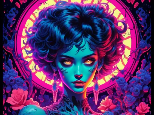 Prompt: <mymodel>70s black light poster, retro punk zombie babe, vibrant oooze, psychedelic, high quality, vector illustration, retro, punk, zombie, vibrant colors, neon lighting, oozing details, vintage, psychedelic art, retro fashion, glow effects, detailed hair, mesmerizing eyes