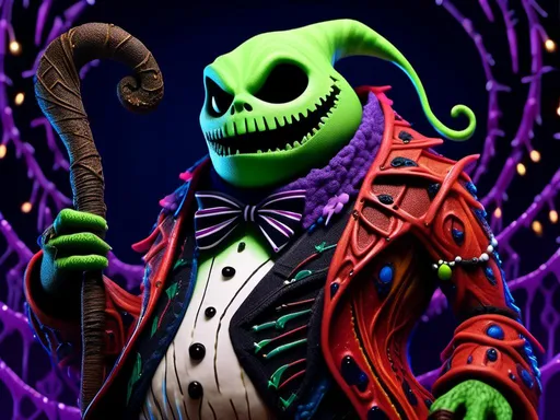 Prompt: <mymodel>oogie boogie nightmare before Christmas (Tim Burton art style) .UHD, 4k,intricately detailed, deep colors, high contrast (UHD, 4k,intricately detailed, deep colors, high contrast)