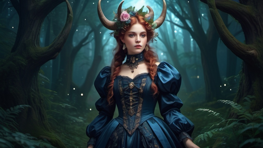 Prompt: character, mystical, starry, in beautiful Victorian clothing, in fantasy forest (taurus) (UHD, 4k,intricately detailed, deep colors, high contrast)