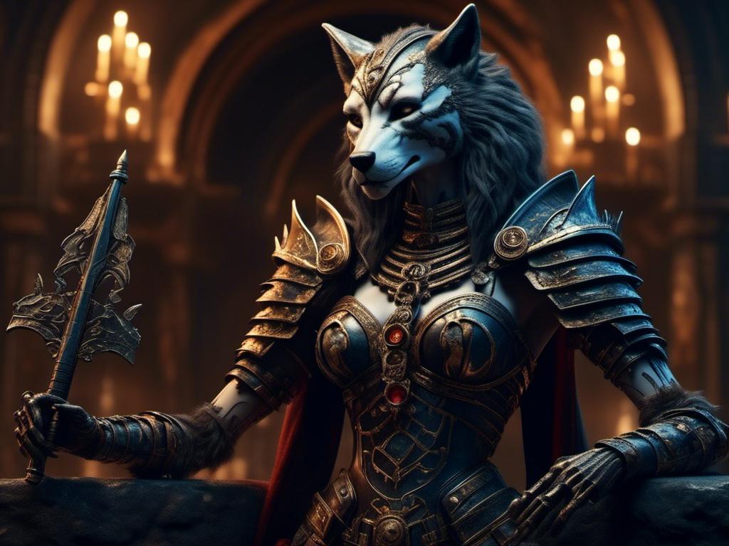 Prompt: <mymodel>skeleton wolf anthro female queen, warrior, elegant armor in dark tomb, moonlit, dungeons and dragons art style (UHD, 4k,intricately detailed, deep colors, high contrast)