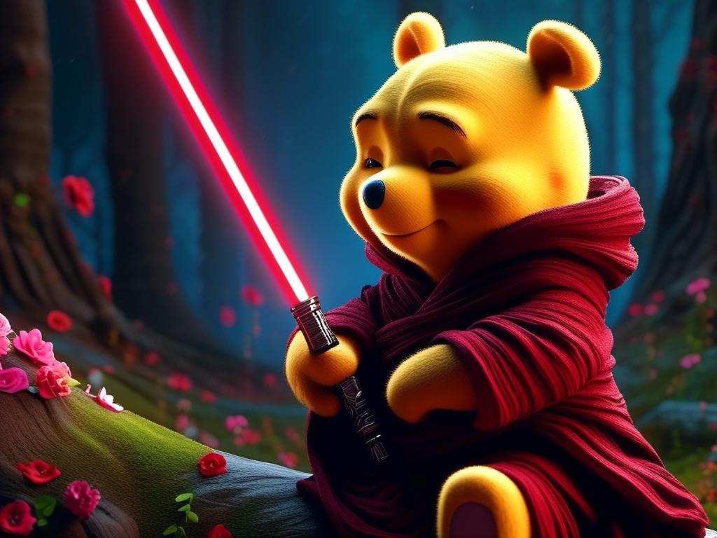 Prompt: <mymodel> Winnie the pooh as a Sith Lord with light saber UHD, 4k,intricately detailed, deep colors, high contrast (UHD, 4k,intricately detailed, deep colors, high contrast)