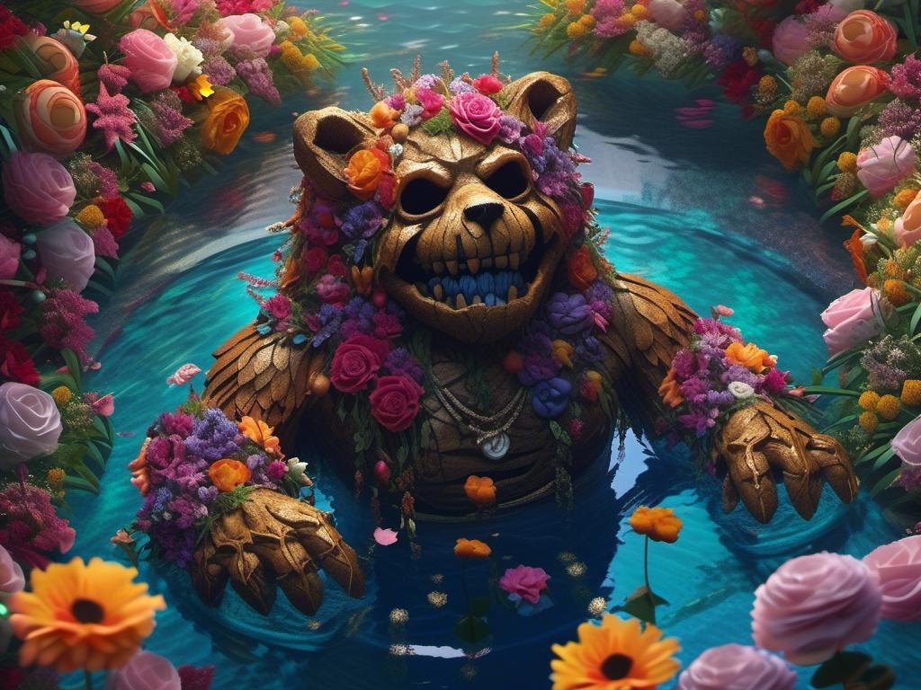 Prompt: <mymodel> scarecrow in a pool full of flowers  (carebears art style) .UHD, 4k,intricately detailed, deep colors, high contrast (UHD, 4k,intricately detailed, deep colors, high contrast)