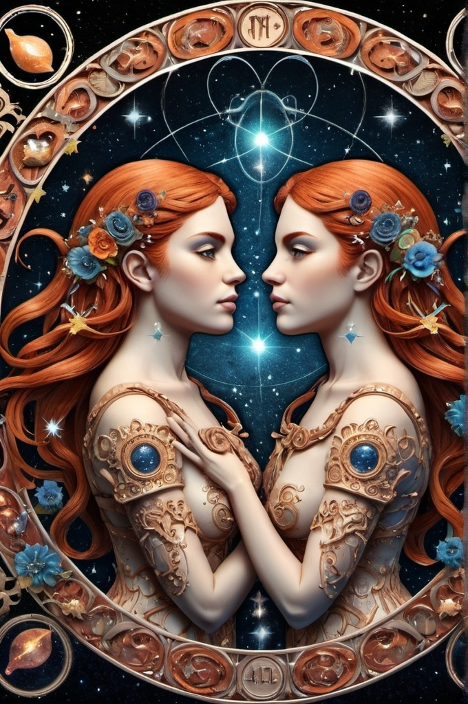 Prompt: Gemini ,Zodiac art mystical and whimsical (UHD, 4k,intricately detailed, deep colors, high contrast)