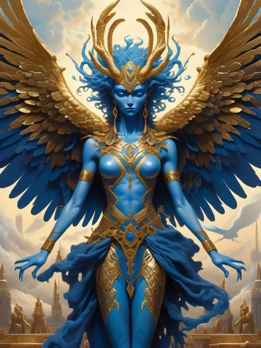 Prompt: <mymodel>,Ancient Annunaki alien beings, sumerian giants, Artgerm style, fantasy art, detailed oil painting, high resolution, fantasy, intricate details, blue skin aliens with gold adornmnents, full body, eagle head,nephilim, feline head, alien head fierce expression, elegant pose, professional, dramatic lighting, light sceptres with intricate design, fantasy landscape, vibrant colors, high-quality art, intricate brushwork