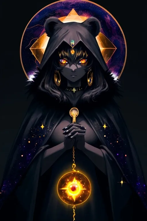 Prompt: wizard bear woman (black fur) (golden eyes) wearing a choker, cloak (earth element) starry and mystical being , UHD, 4k,intricately detailed, deep colors, high contrast