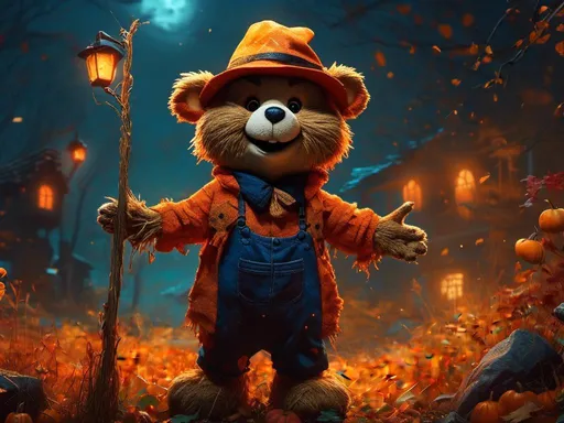 Prompt: <mymodel> (care bear) care bear scarecrow (spooky surroundings) (colored fur) (Halloween), detailed, cartoon, high saturation of color, cartoon,  4k, high saturation of color, high contrast