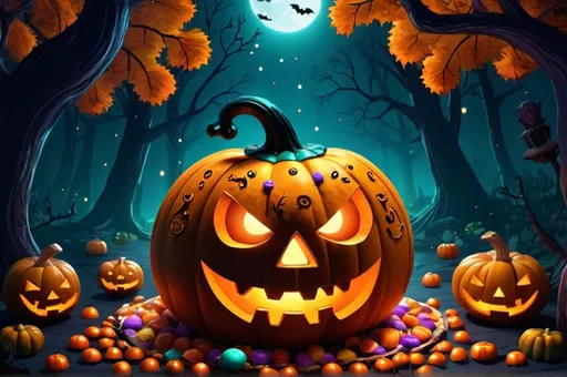 Prompt: cartoon, illustration, jack o' lantern with halloween candy happy, floating, sparkly, spooky forest fantasy, whimsical, gothic.mythical  UHD, 4k,intricately detailed, deep colors, high contrast (UHD, 4k,intricately detailed, deep colors, high contrast)