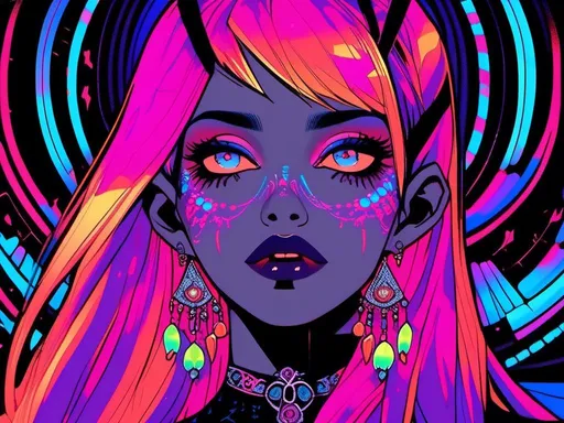 Prompt: <mymodel>70s black light poster, retro goth vampire babe, vibrant, psychedelic, high quality, vector illustration, retro, vibrant colors, neon lighting, details, vintage, psychedelic art, retro fashion, glow effects, detailed hair, mesmerizing eyes