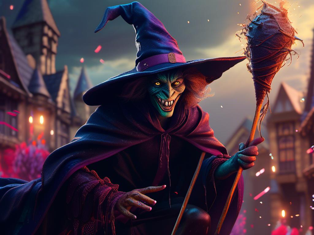 Prompt: <mymodel>   wicked witch riding a broom stick  (Harry Potter art style) .UHD, 4k,intricately detailed, deep colors, high contrast (UHD, 4k,intricately detailed, deep colors, high contrast)