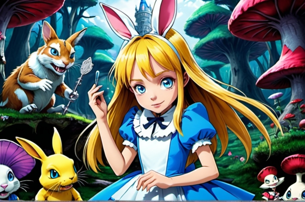 Prompt: Digimon adventurer (Alice in Wonderland theme) UHD, 4k,intricately detailed, deep colors, high contrast (UHD, 4k,intricately detailed, deep colors, high contrast)