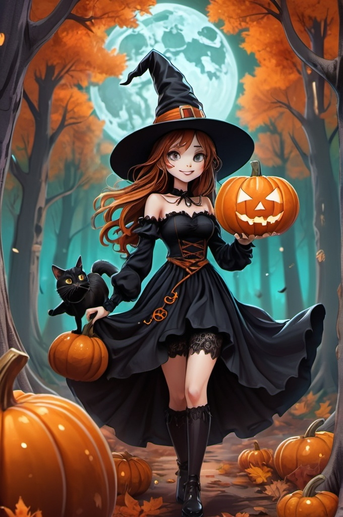 Prompt: cartoon,anime girl, witch with pumpkin spice, happy, floating, sparkly, spooky forest fantasy, whimsical, gothic.mythical  UHD, 4k,intricately detailed, deep colors, high contrast (UHD, 4k,intricately detailed, deep colors, high contrast)