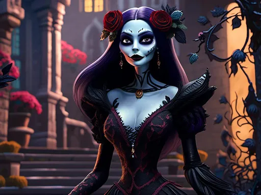 Prompt: <mymodel> Morticia Addams with black roses standing in courtyard(nightmare before Christmas art style) .UHD, 4k,intricately detailed, deep colors, high contrast (UHD, 4k,intricately detailed, deep colors, high contrast)