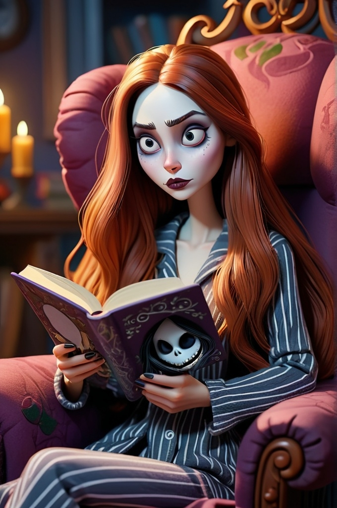 Prompt: woman, long hair in pajamas in cozy big chair reading book fantasy, whimsical, gothic.mythical (nightmare before christmas art style) UHD, 4k,intricately detailed, deep colors, high contrast (UHD, 4k,intricately detailed, deep colors, high contrast)