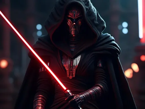 Prompt: <mymodel> ursela as a Sith Lord with light saber UHD, 4k,intricately detailed, deep colors, high contrast (UHD, 4k,intricately detailed, deep colors, high contrast)