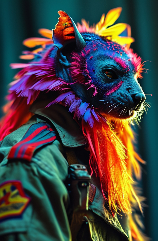 Prompt: <mymodel> neon colors oni mask man dancing  long hair, in army uniform Chiroptera wings.UHD, 4k,intricately detailed, deep colors, high contrast (UHD, 4k,intricately detailed, deep colors, high contrast)