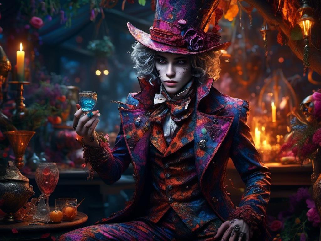 Prompt: <mymodel> mad Hatter, man, Victorian clothing, volcanic, mythical, piercings  .UHD, 4k,intricately detailed, deep colors, high contrast (UHD, 4k,intricately detailed, deep colors, high contrast)