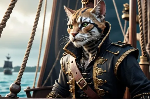 Prompt: khajiit male pirate sailing on ship fantasy, whimsical, gothic.mythical UHD, 4k,intricately detailed, deep colors, high contrast (UHD, 4k,intricately detailed, deep colors, high contrast)