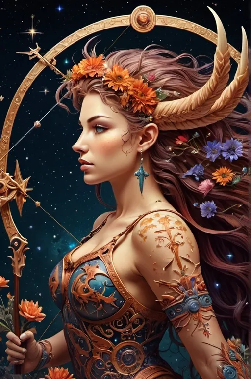 Prompt: Sagittarius ,Zodiac art mystical and whimsical (UHD, 4k,intricately detailed, deep colors, high contrast)