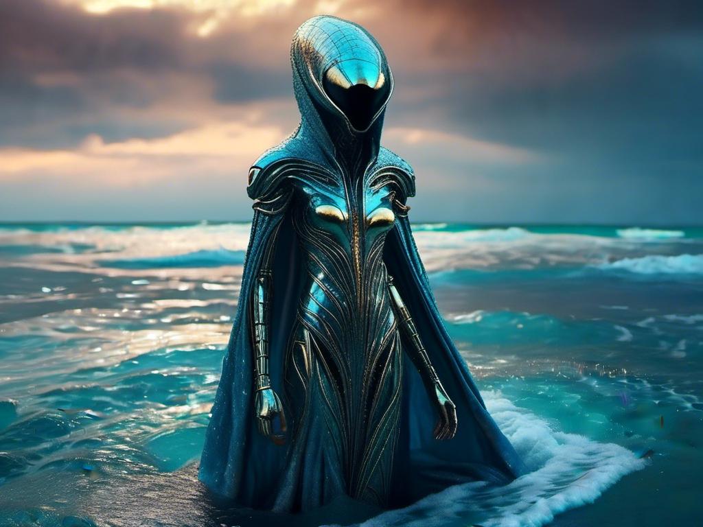 Prompt: <mymodel> robotic Humaniod alien, masked, elegant, irridecent metallic, in hooded cloak, in ocean  (UHD, 4k,intricately detailed, deep color, high contrast)