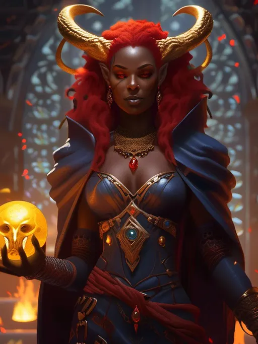 Prompt: <mymodel>Tiefling woman, black skin, yellow eyes, large horns, red hair, in cloak, with golden choker, mage, with orb of fire in her hand (medieval) (dungeons and dragons style) , UHD, 4k,intricately detailed, deep colors, high contrast (UHD, 4k,intricately detailed, deep colors, high contrast)