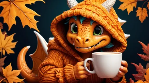 Prompt: dragon with pumpkin spice latte and falls leaves, cozy sweater, in hood ,cartoon, illustration (UHD, 4k,intricately detailed, deep colors, high contrast)