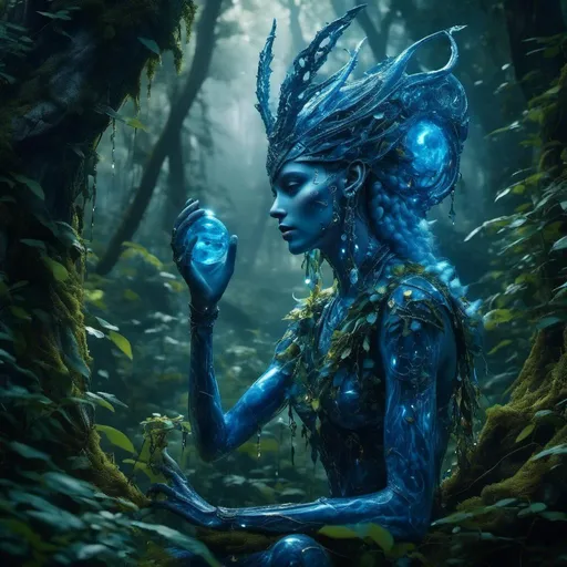 Prompt: <mymodel> alien, blue skin, in ancient forest fluorescent