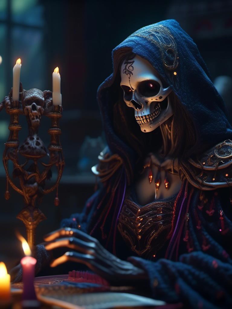 Prompt: <mymodel>grim reaper, skeletal woman, in robes, in candle lit study holding super cute furry creature haunting .UHD, 4k,intricately detailed, deep colors, high contrast (UHD, 4k,intricately detailed, deep colors, high contrast)