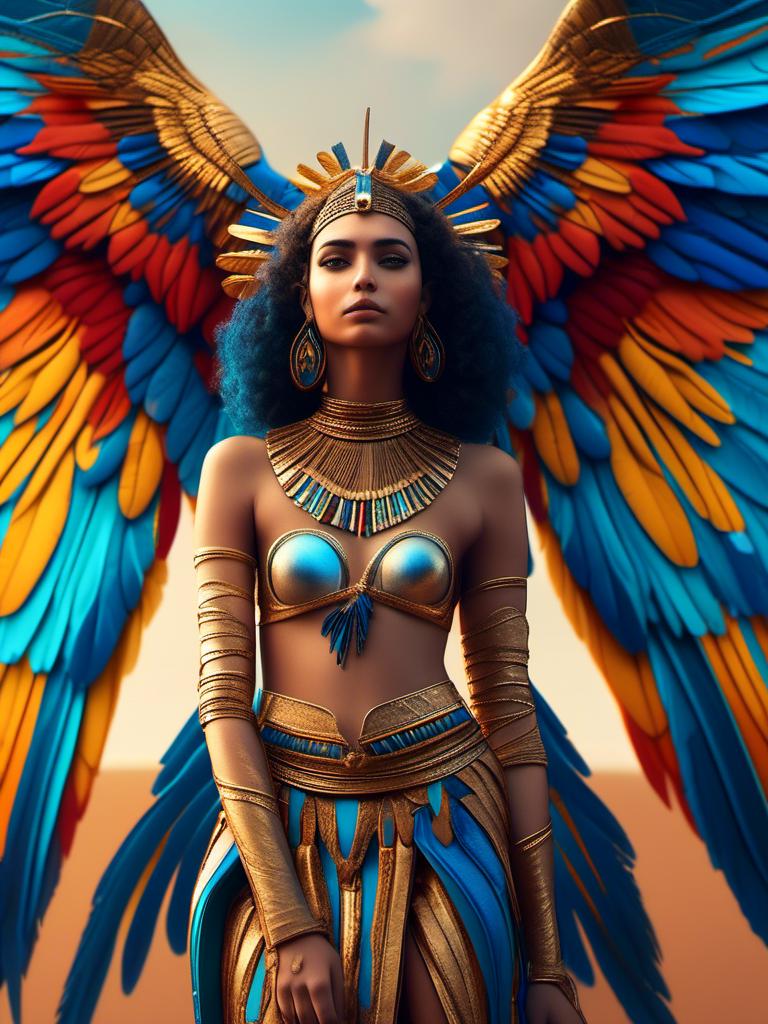 Prompt: <mymodel>Egyptian woman Standing with wings on her back. detailed, realistic, 4k, high saturation of color,  high contrast