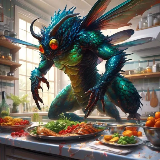 Prompt: <mymodel> giant fly in kitchen