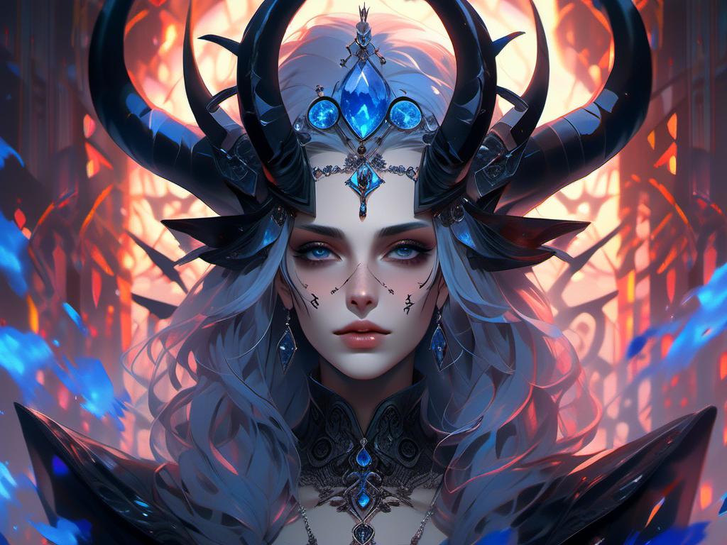 Prompt: <mymodel> evil queen, horns and blue flames burning .UHD, 4k,intricately detailed, deep colors, high contrast (UHD, 4k,intricately detailed, deep colors, high contrast)