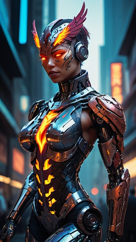 Prompt: Cyborg, phoenix, anthro, metalic, in cyberpunk city .UHD, 4k,intricately detailed, deep colors, high contrast (UHD, 4k,intricately detailed, deep colors, high contrast)