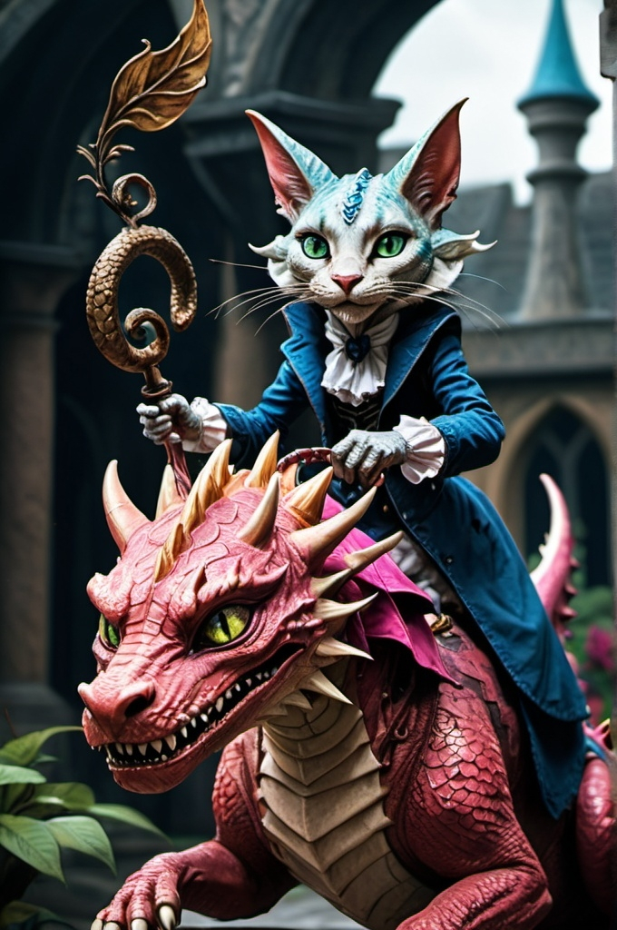 Prompt: khajiit mage riding dragon in courtyard fantasy, whimsical, gothic.mythical (alice in wonderland art style) UHD, 4k,intricately detailed, deep colors, high contrast (UHD, 4k,intricately detailed, deep colors, high contrast)